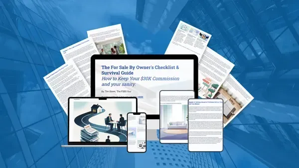 FoolProof FSBO Master Checklist shown on laptop, smartphone, and printed pages — guide to beat agents, keep equity, and sell fast.