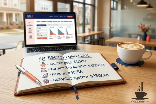 A Café & Finances workspace with a coffee cup and a notebook outlining a 3 to 6 month emergency fund building plan for financial stability.