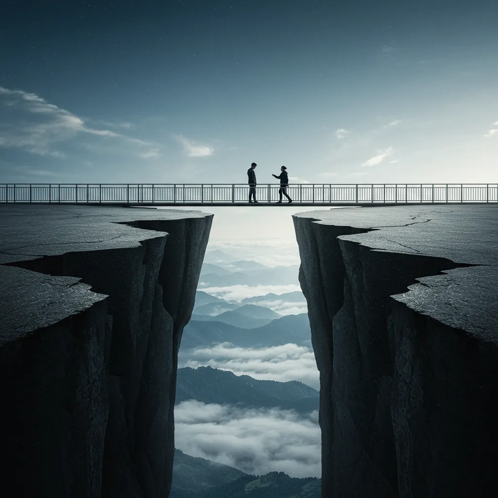 Large crack with a bridge with 2 people on it