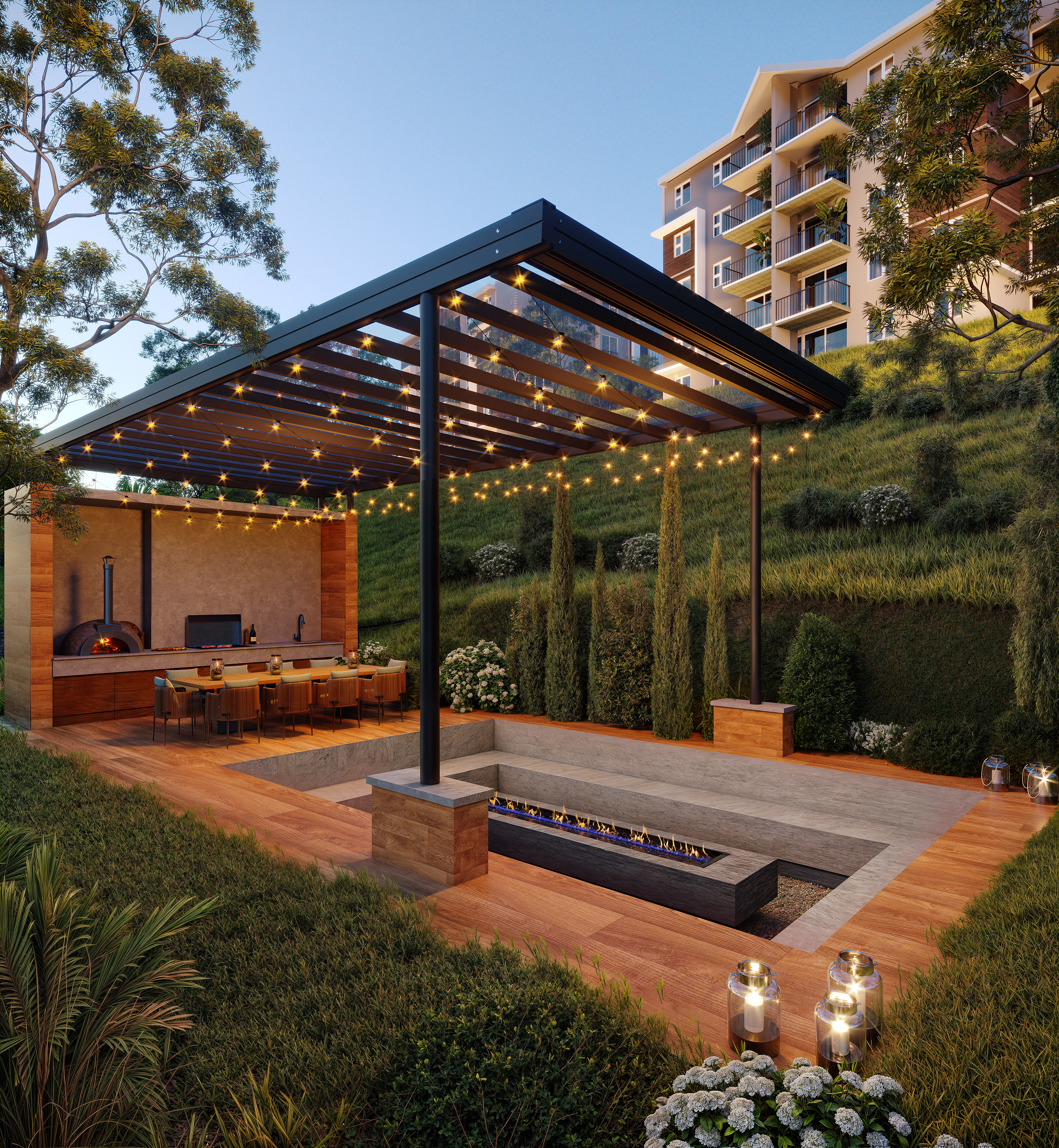 a rendering of a modern house with a swimming pool