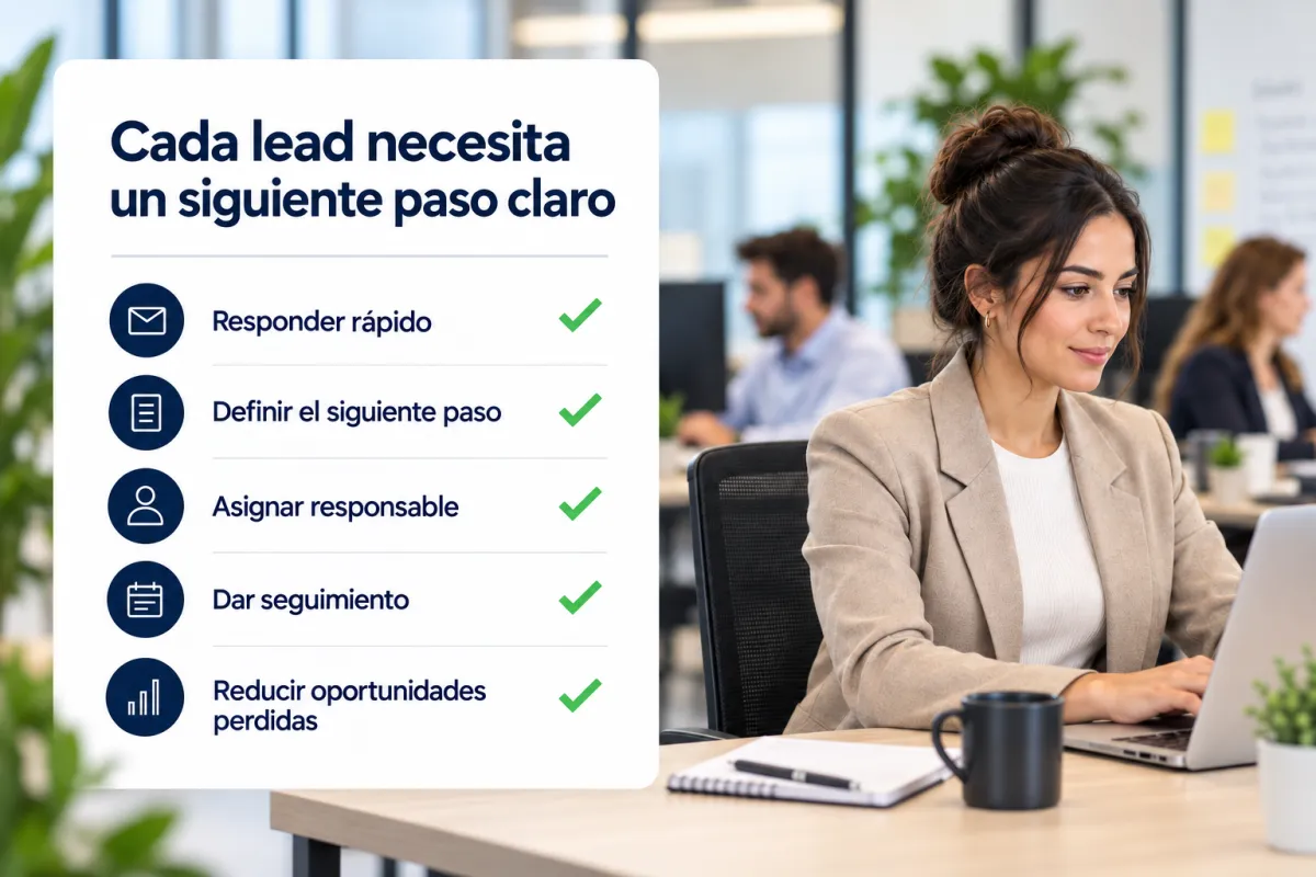 Profesional gestionando nuevos leads con pasos claros de respuesta, asignación y seguimiento.