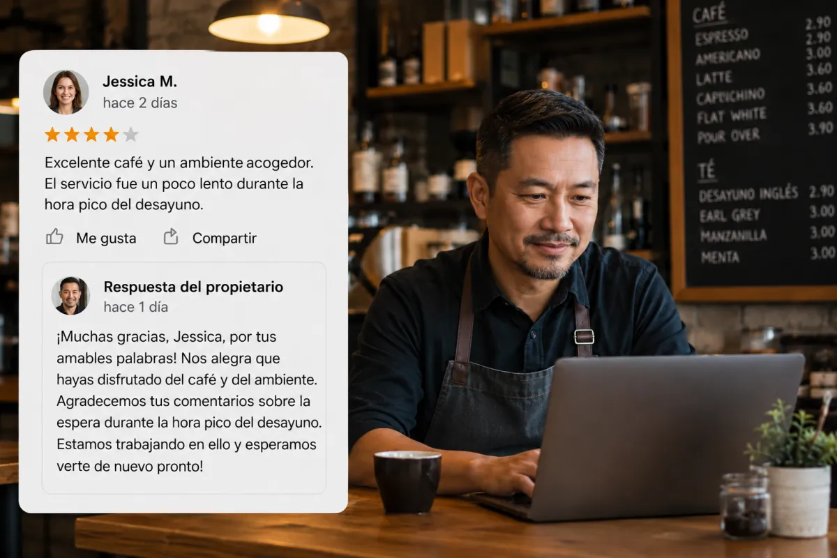 Propietario de una cafetería respondiendo profesionalmente a una reseña de cliente para fortalecer la confianza y la reputación del negocio.