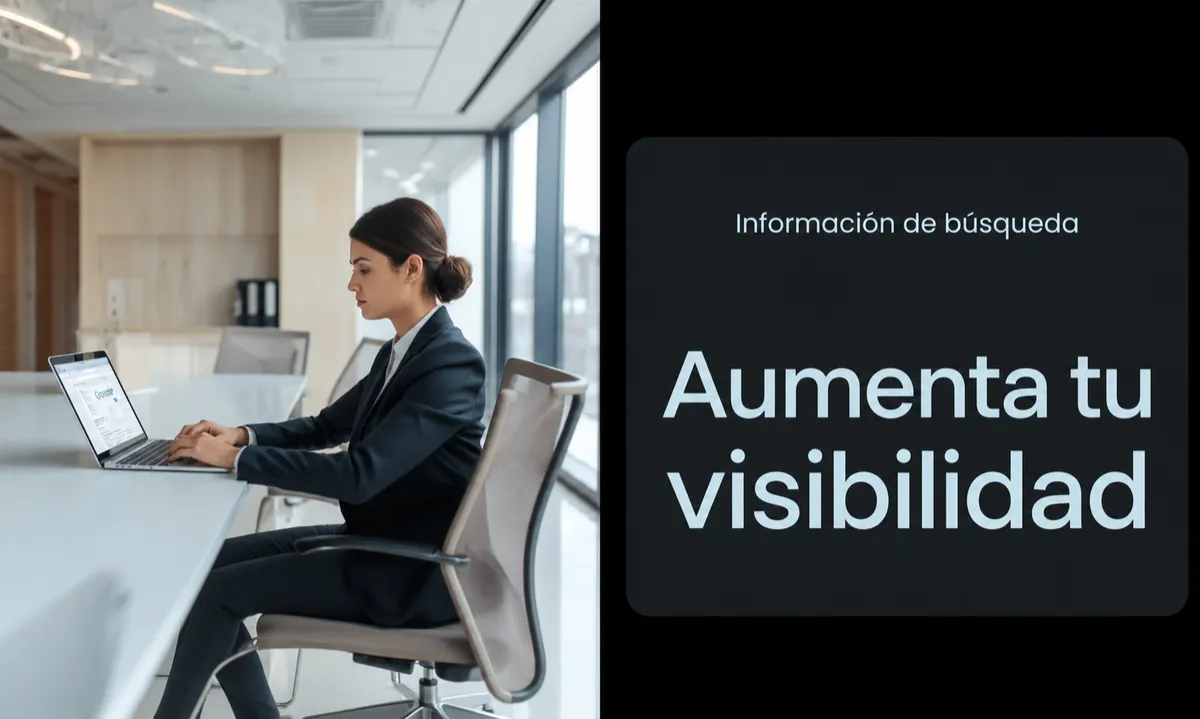 Profesional trabajando en una laptop con información de búsqueda y un mensaje sobre cómo aumentar la visibilidad en línea de una empresa.
