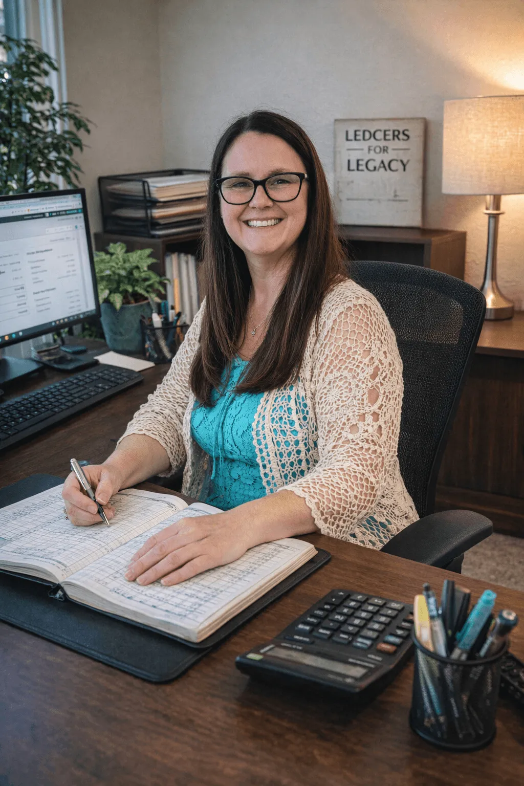 Portrait of LedgerWise founder and CEO at her desk