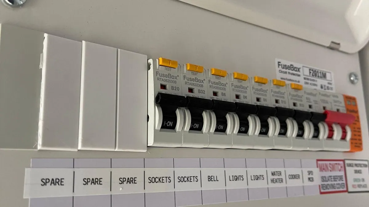 Consumer unit with labeled circuit breakers — Type A RCD upgrade by Volt Electrical Solutions