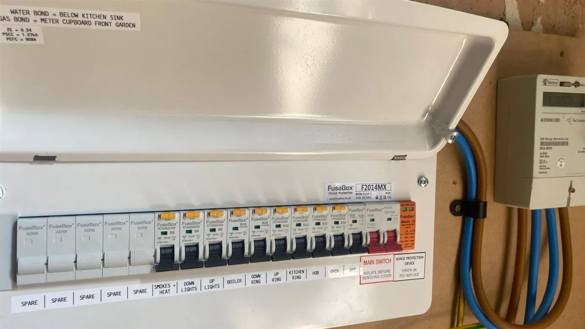 FuseBox consumer unit with fully labeled circuits — certified electrical installation by Volt Electrical Solutions