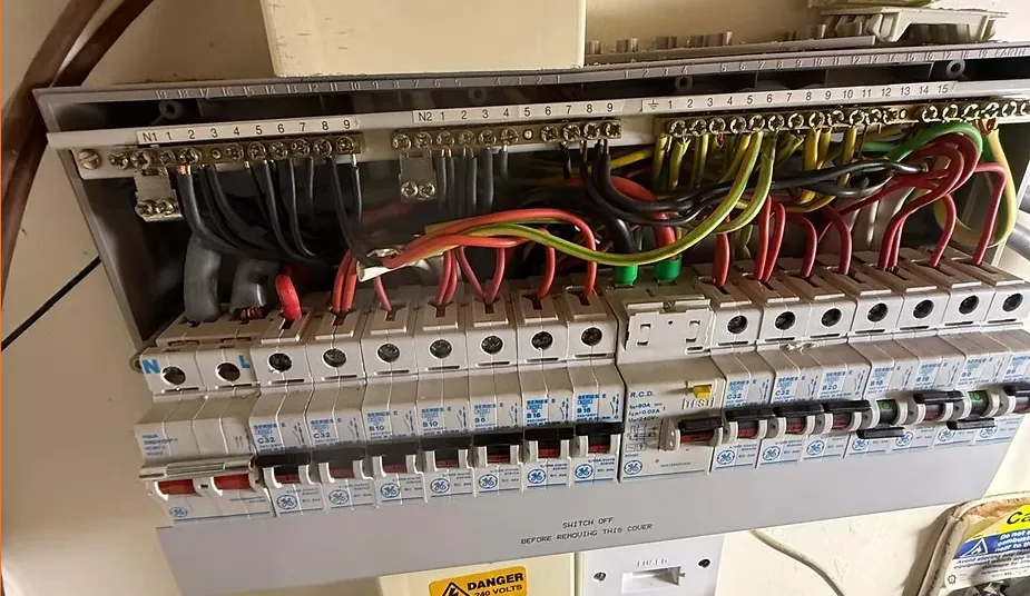 Large commercial distribution board with multi-circuit MCBs — professional electrical installation condition report inspection by Volt Electrical Solutions