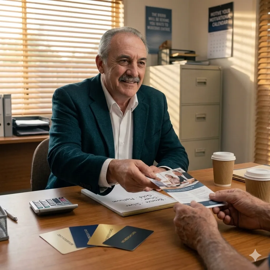 Businessman offering membership brochure.
