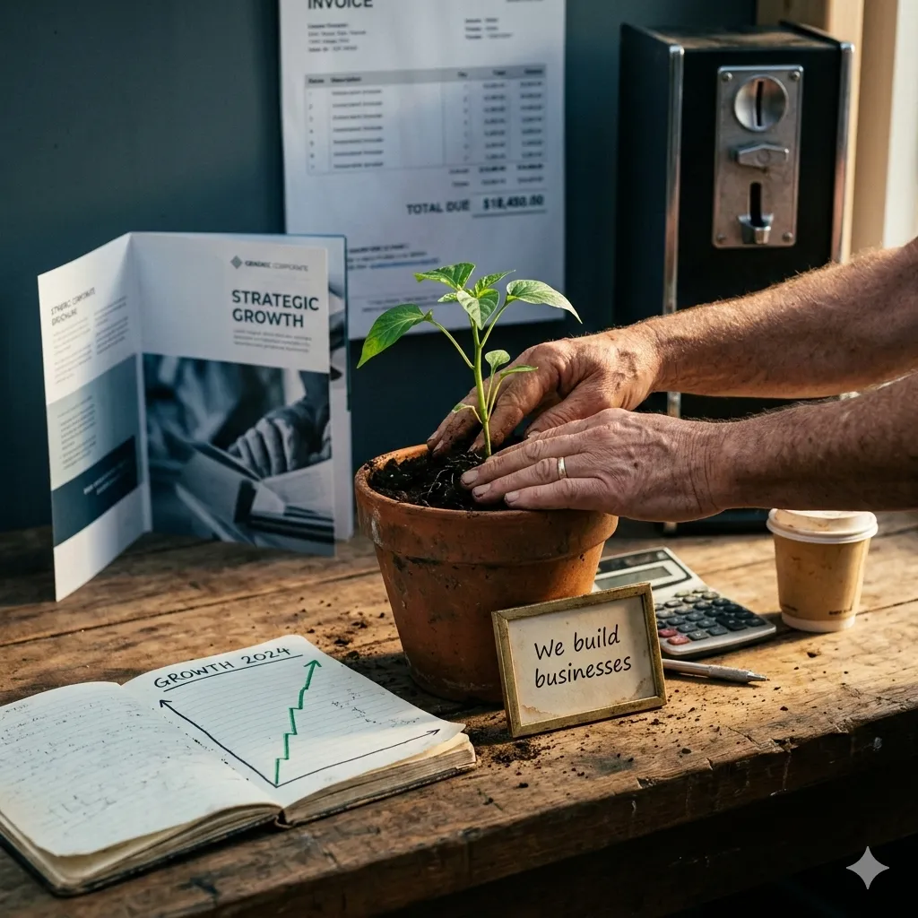 Business growth concept with hands planting a small plant, a notebook showing a growth chart, and a strategic marketing brochure on a desk.