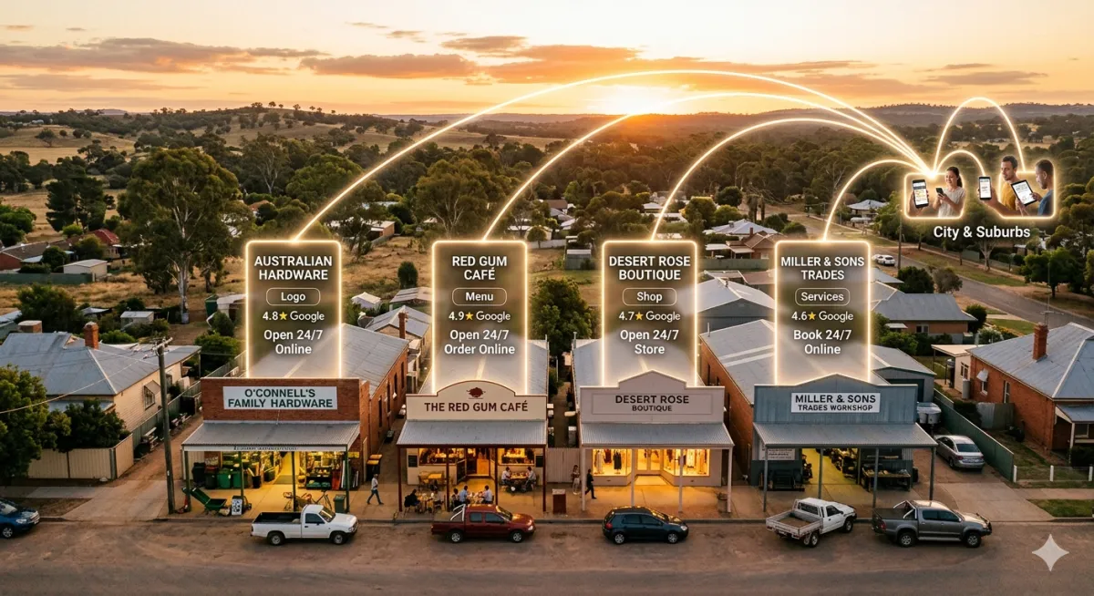 Digital marketing visualization showing multiple local businesses connected online with ratings, services, and 24/7 availability to illustrate online marketing reach. 