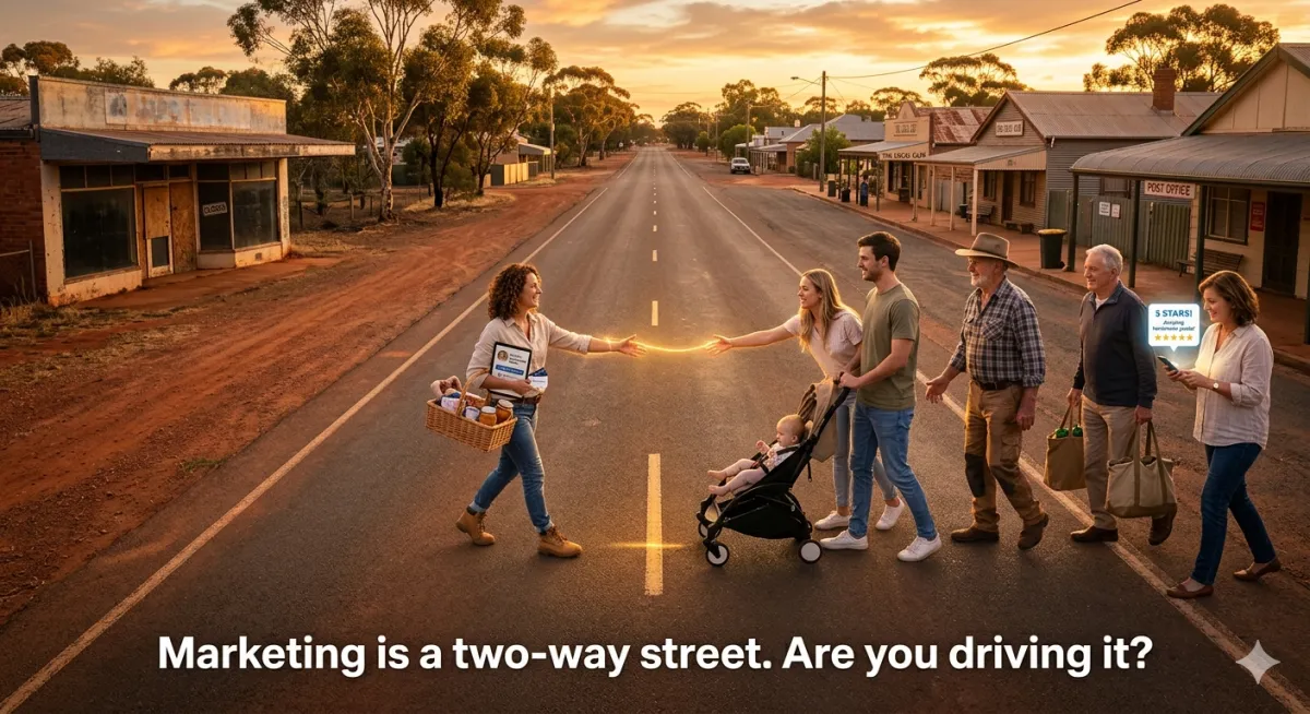 Digital marketing concept showing community members connected online, illustrating two-way marketing and audience engagement. 