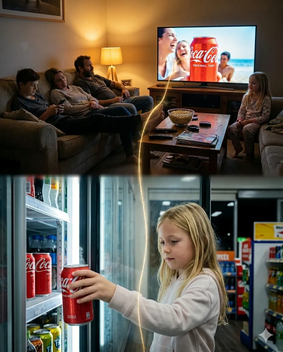 Marketing concept showing brand influence from TV advertisement to in-store purchase, illustrating how effective advertising drives customer engagement and sales.