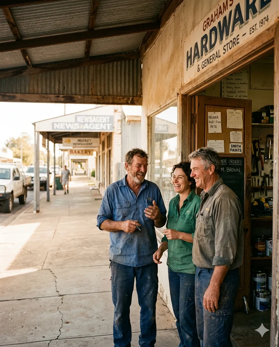 Small business owners laughing and engaging outside their hardware store, illustrating authentic client relationships and local marketing success. 