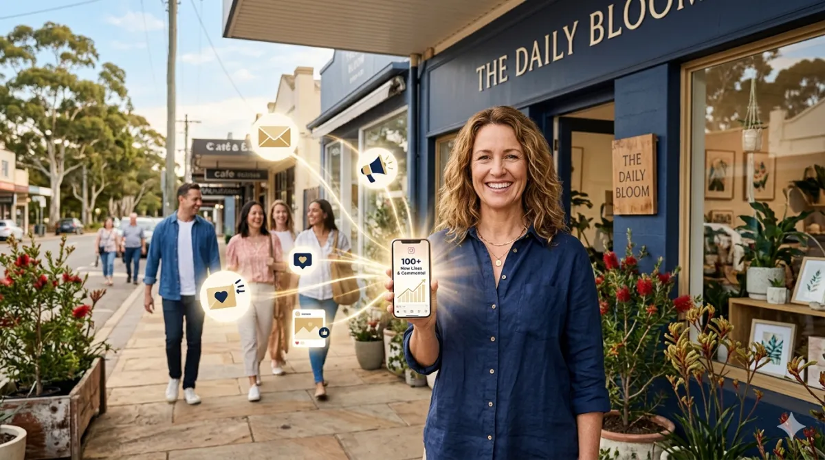 Small business owner holding a phone with social media engagement icons around her store, representing effective local marketing.