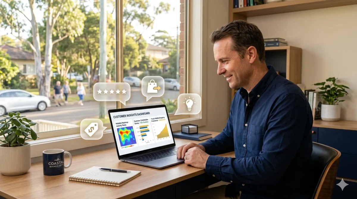 Business owner analyzing customer data and charts on a laptop, representing data-driven marketing strategies.