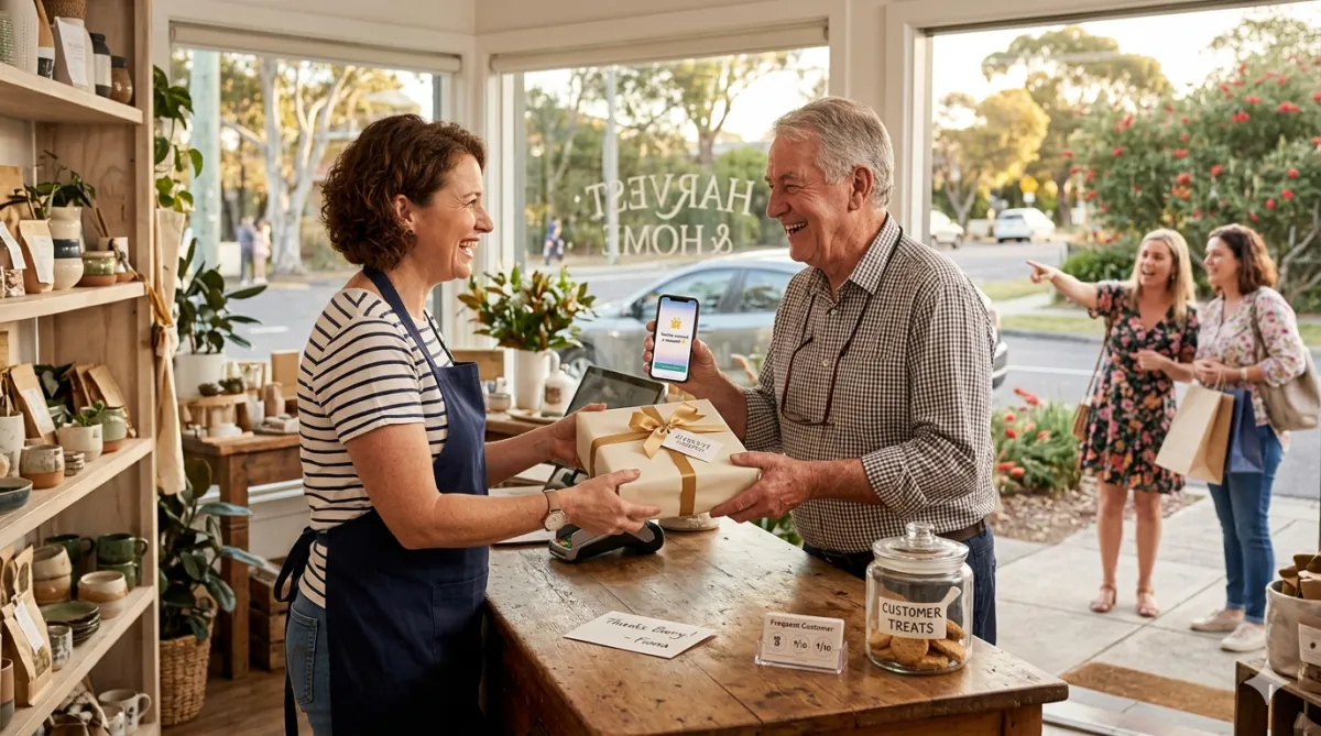 Shop owner offering a loyalty reward to a customer, representing customer retention through loyalty marketing.