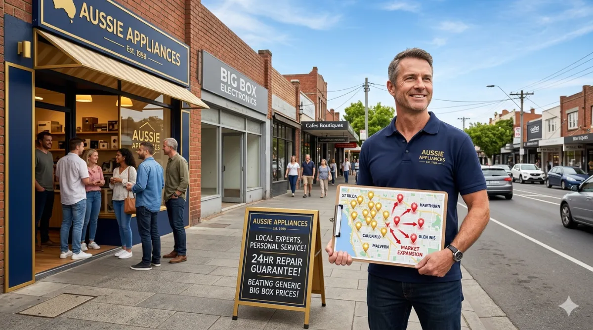Business owner holding a market expansion map in front of his store, representing growth through smart marketing and local outreach.