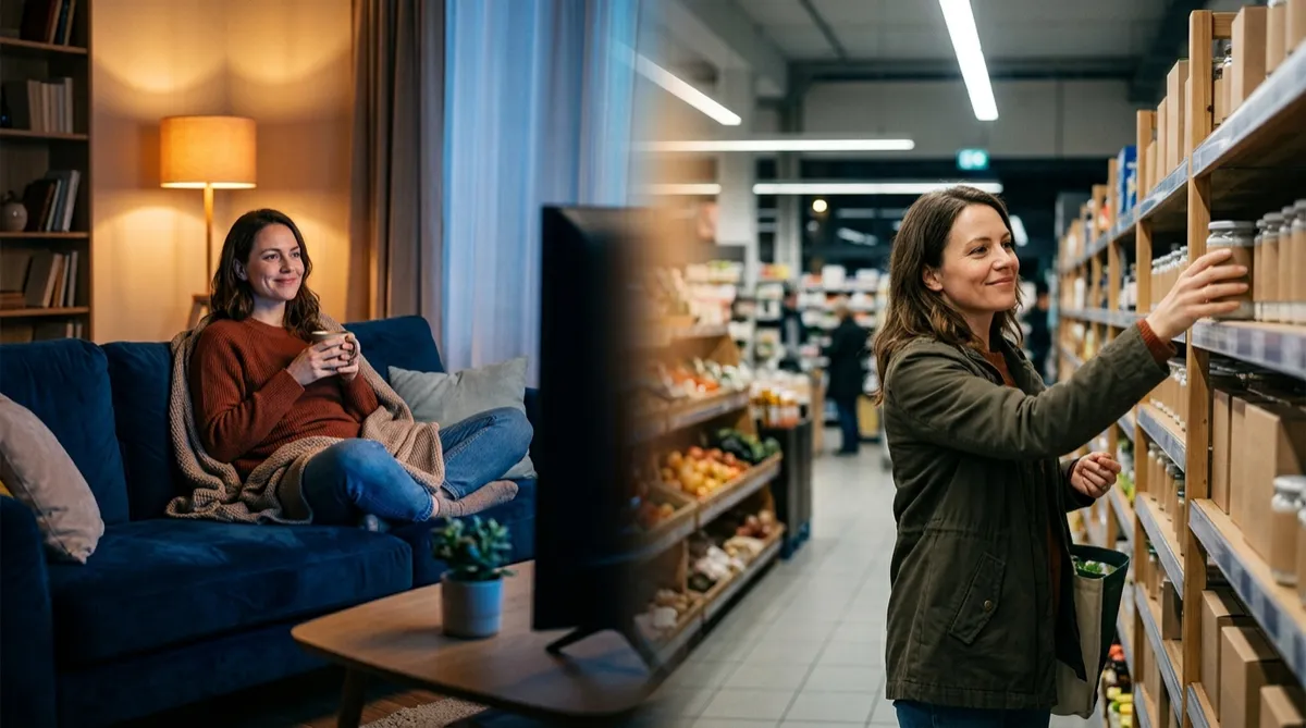 Marketing concept showing brand influence from TV advertisement to in-store purchase, illustrating how effective advertising drives customer engagement and sales.