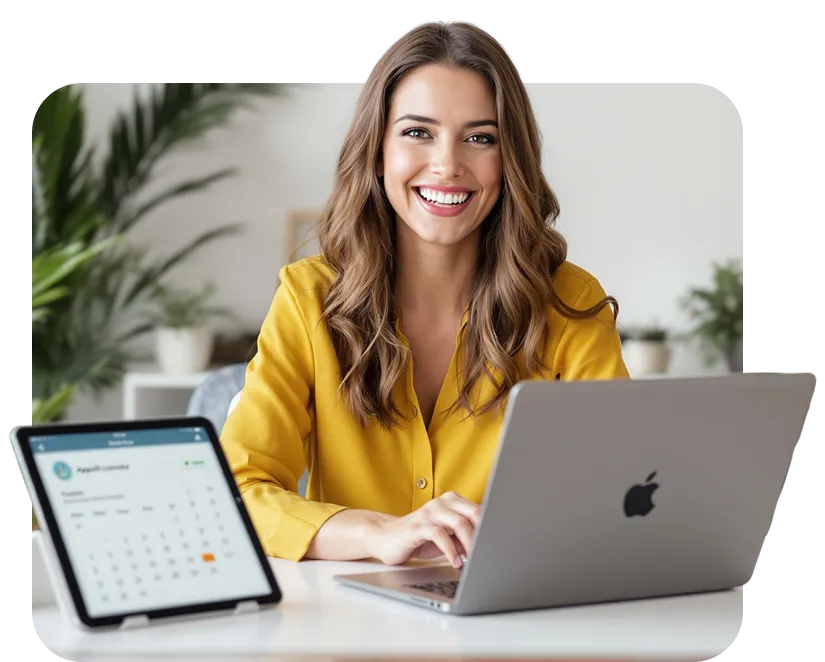 Smiling team member at Loyalty Block office working on a laptop for customer experience solutions