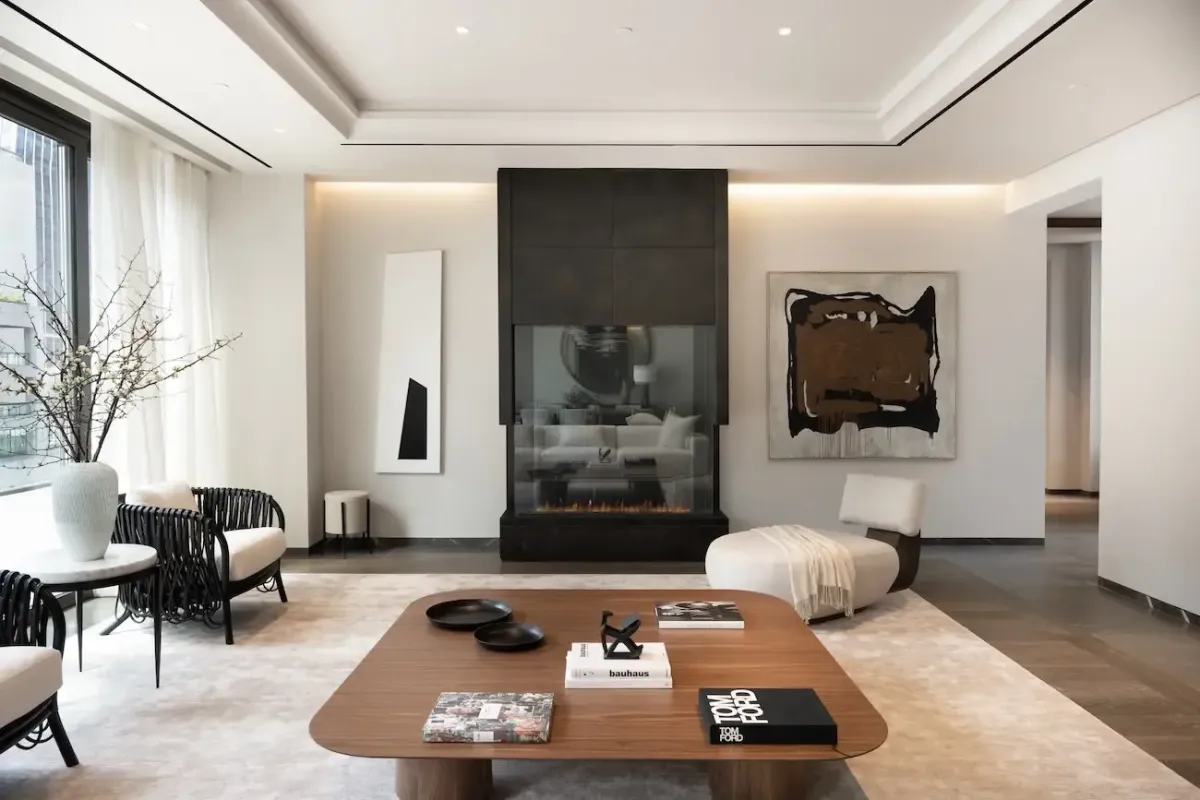 Modern living room staging with clean lines and contemporary furniture