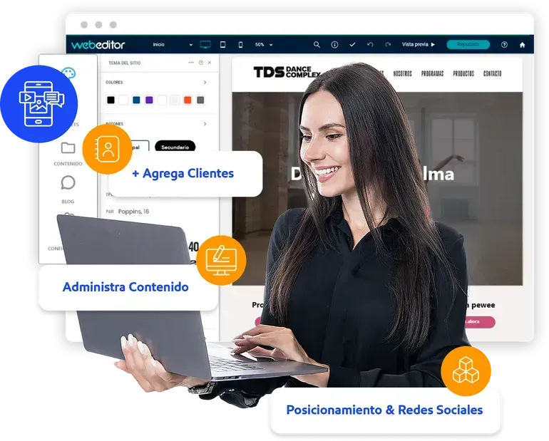 Vista de un sitio web moderno mostrado en una laptop con superposición de ventana de navegador, estilo fotográfico 3:2.