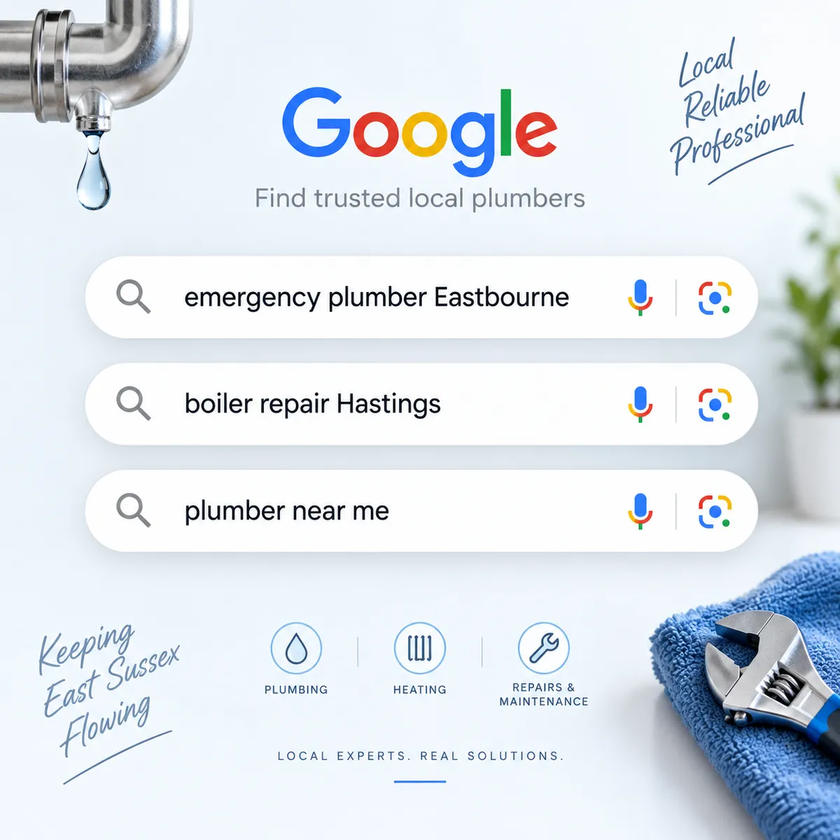 Google-style search graphic showing ‘emergency plumber Eastbourne’, ‘boiler repair Hastings’ and ‘plumber near me