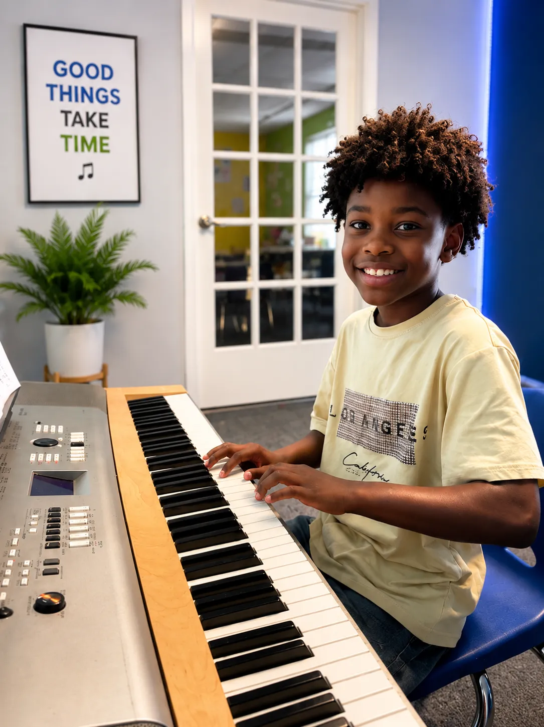 Smiling boy in denim at piano