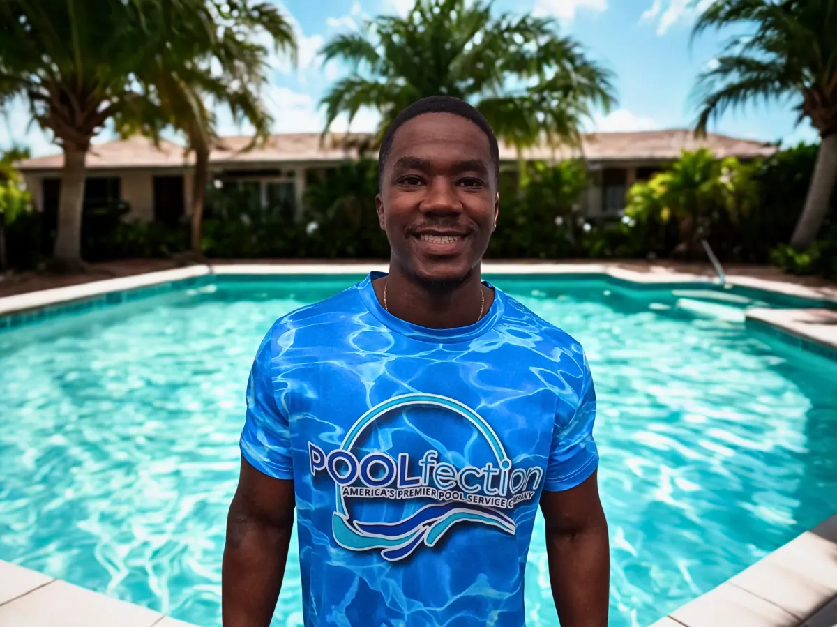 POOLfection pool technician on the job — we’re hiring skilled pool techs to join our professional pool maintenance and water care team.