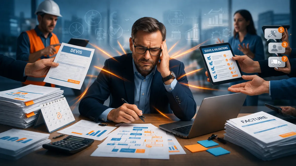 dirigeant de PME de services submerge par validations devis suivis et administration