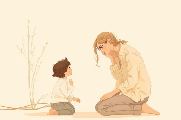 Mother kneeling at child's eye level, making gentle intentional eye contact, expression of calm sincerity - not guilt or apology, but quiet strength and connection, child receptive, warm soft indoor light, sense of a meaningful moment of repair between two people, 600x400px, horizontal composition