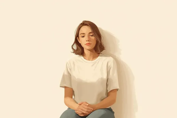 Woman sitting quietly with hands in lap, soft overhead light illuminating a calm, slightly tired expression, small moment of stillness amid chaos — evoking "I'm pausing to notice, not react", 600x400px, horizontal composition