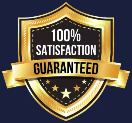 A white badge icon with 'GUARANTEE 100%' text and three checkmarks.