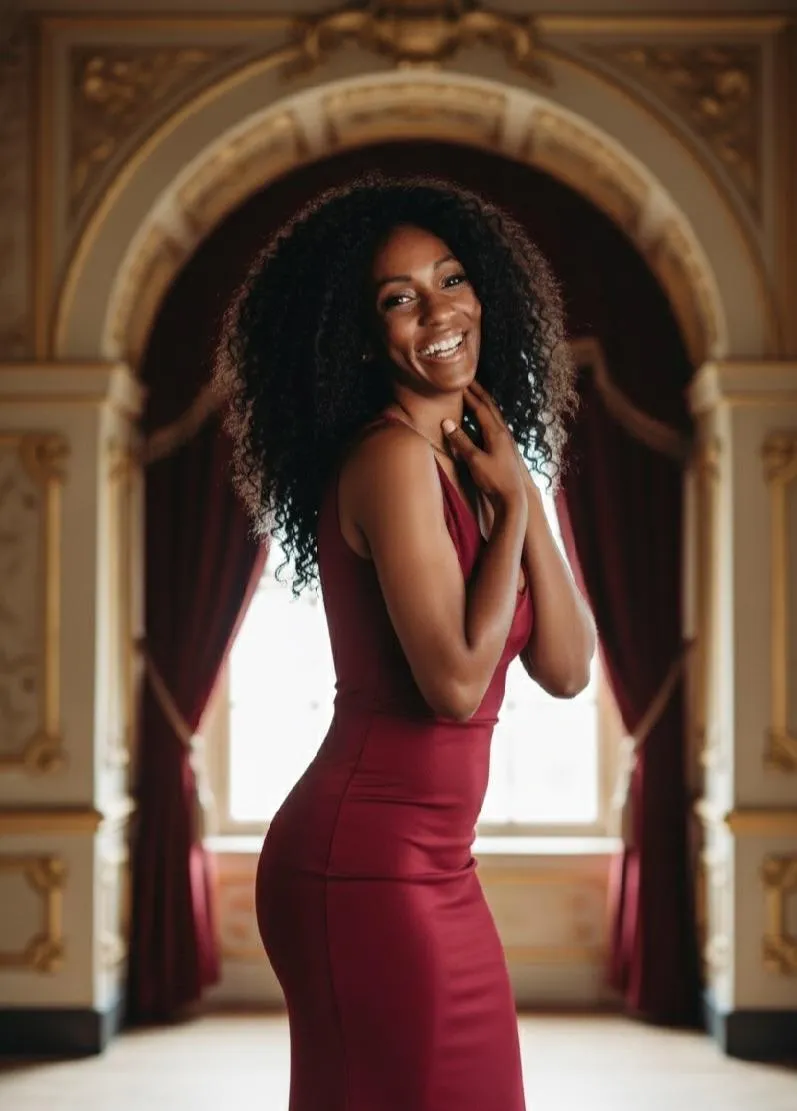 Woman with long curly hair wearing a fitted red dress, standing and smiling in an elegant room with arches and curtains in the background.