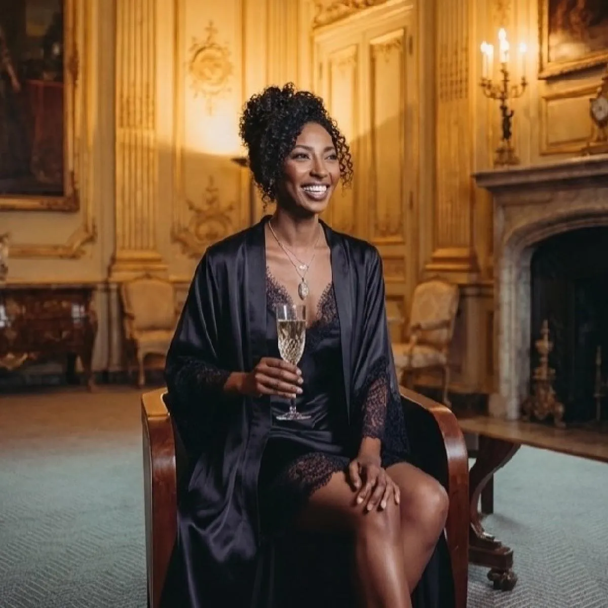Woman wearing a dark blazer dress sitting in an elegant room with a fireplace, holding a glass and smiling.