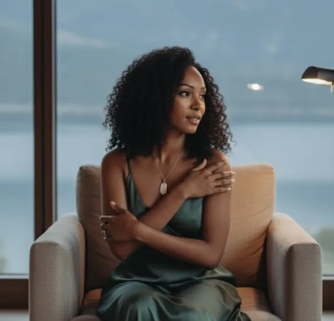 Woman with curly hair in a green dress sitting on a chair with background of the sea