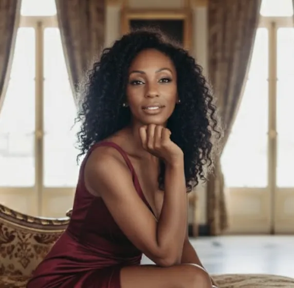 Woman ith curly hair in red dress looking infront