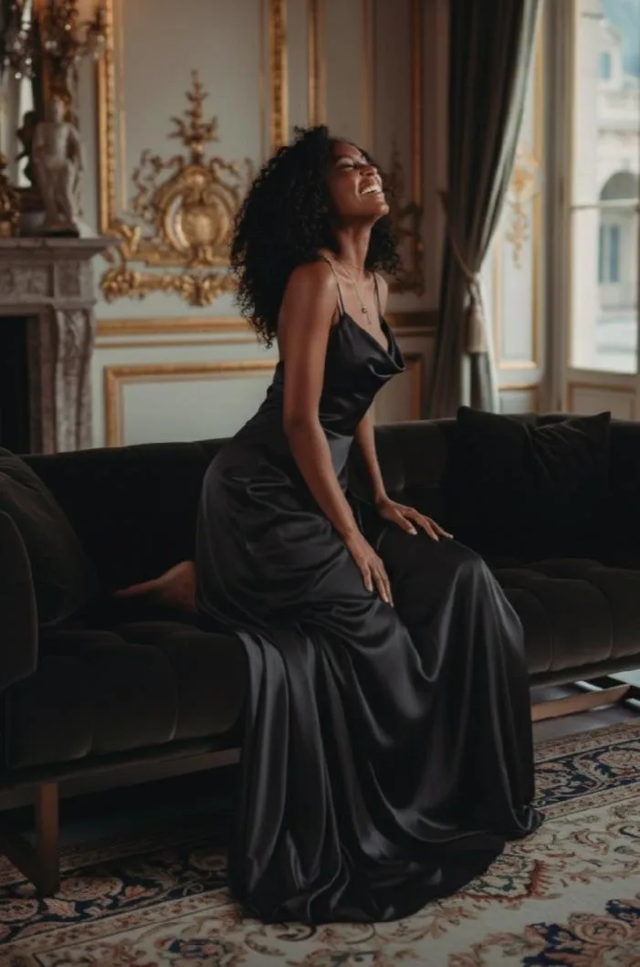 Woman in a dark dress sitting confidently on a sofa in a dimly lit elegant room.