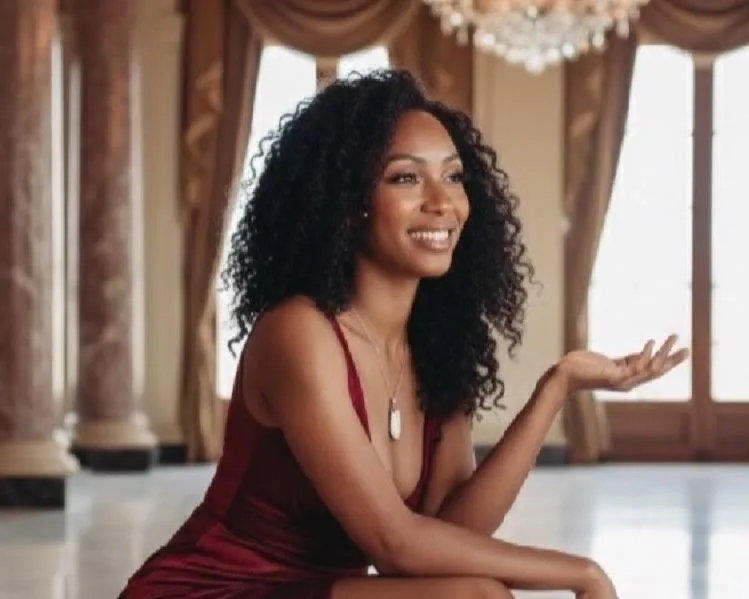 Woman in a red dress seated indoors near large windows, gesturing while speaking.