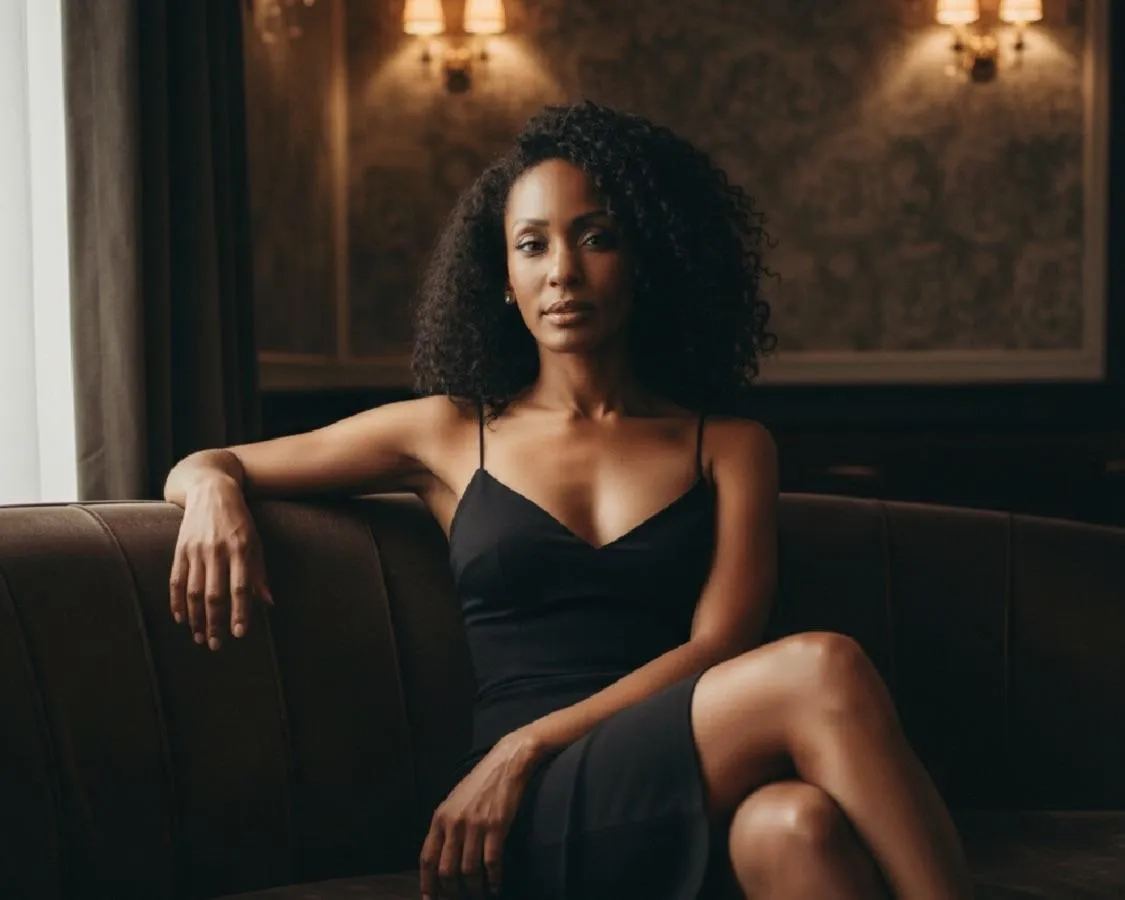 Woman in a dark dress sitting confidently on a sofa in a dimly lit elegant room.