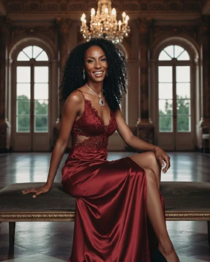 Woman with curly hair in red dress with a chandelier on the back sitting