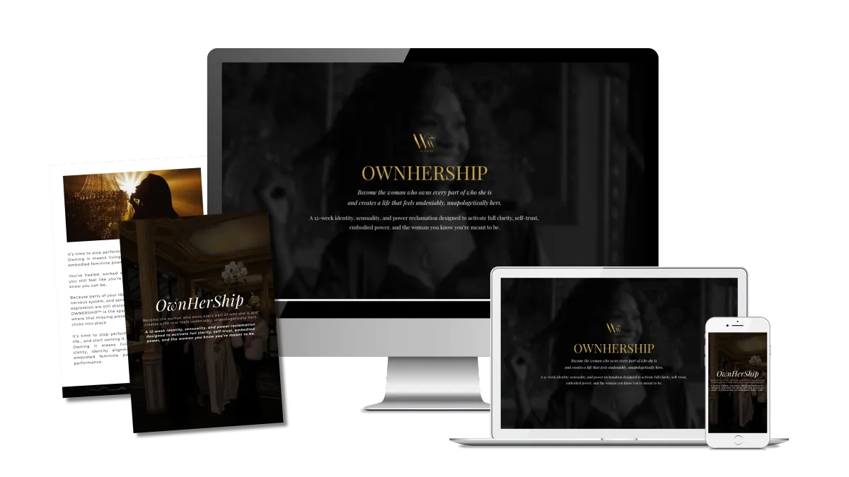 Mockup of a website displayed across a desktop monitor, laptop, tablet, and smartphone, with printed pages and a booklet beside them.