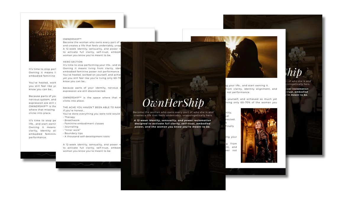 Mockup of printed workbook pages and a guide cover titled ‘OwnHerShip,’ displayed in layered format.