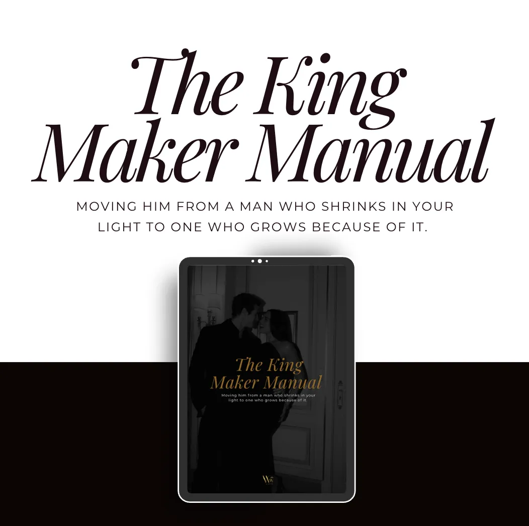 Ebook cover titled “The King Maker Manual” with a black background and a centered masculine-style book mockup.