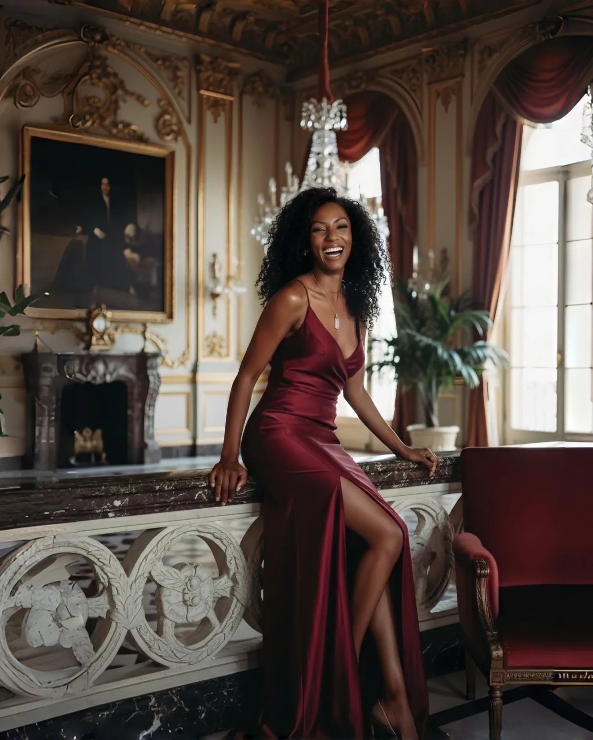 Porscha Newton Sitting on a Sofa Chair in a red dress