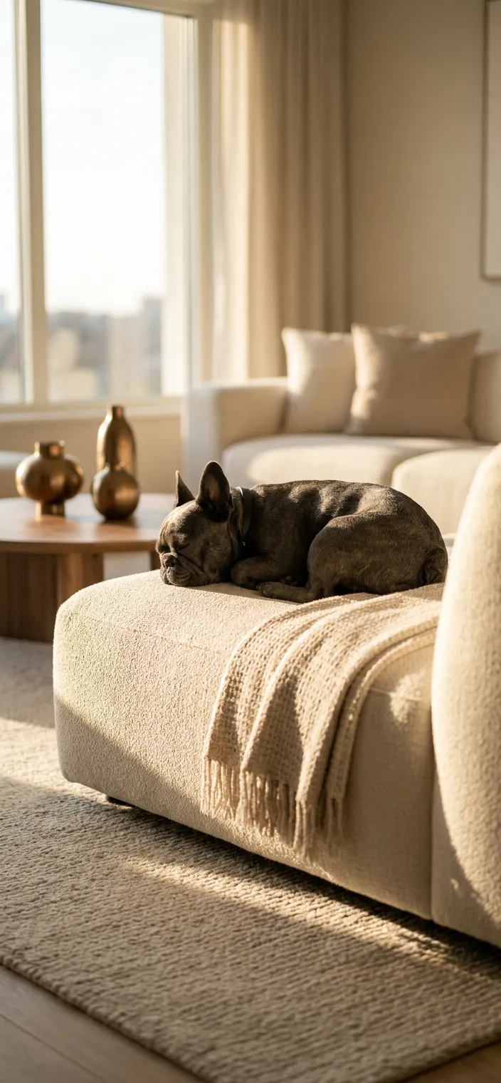 French Bulldog resting in an elegant, sunlit living room