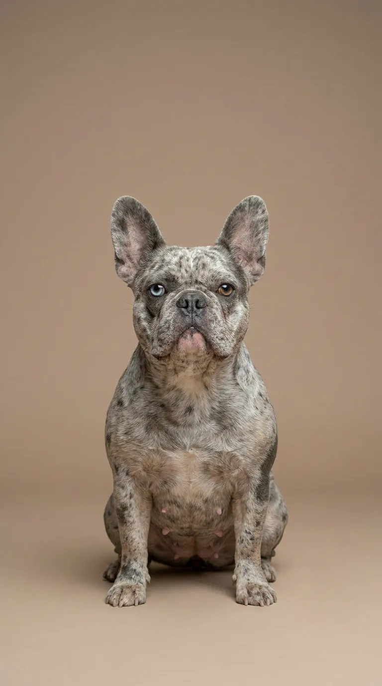 Cinematic portrait of Stella, a Merle French Bulldog