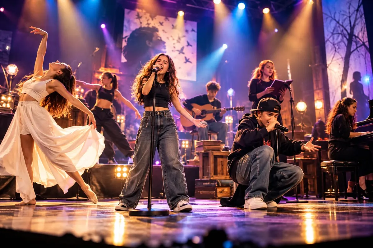 Le 5 avril : scène de concert solidaire avec microphones et éclairages verts (image illustrative)