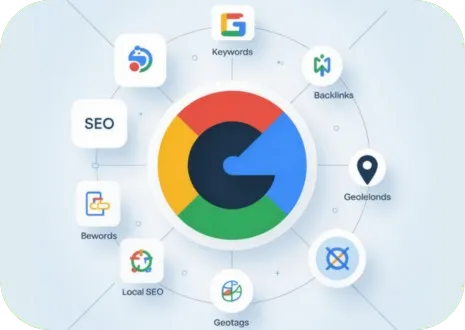 Grafico que muestra las utilidades como backlinks y geotagas que se usan en la agencia The Rebel Crab para optimizar el posicionamiento SEO y SEO local