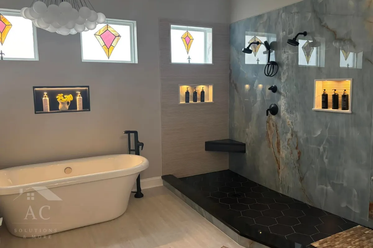 Unique bathroom remodel with clawfoot tub, stained glass, and dark walk-in shower