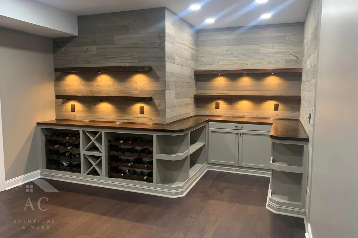 Custom-built home wine bar with shelving in Lake Frederick, VA